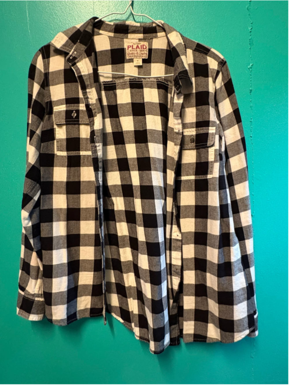 Women's Old Navy Plaid Button Down Shirt Medium Black White